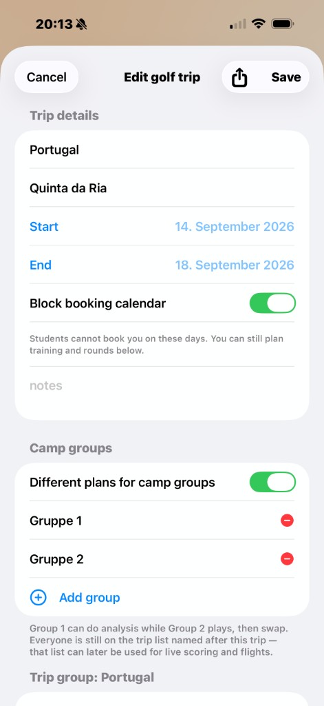 Edit a golf trip with camp groups and dates